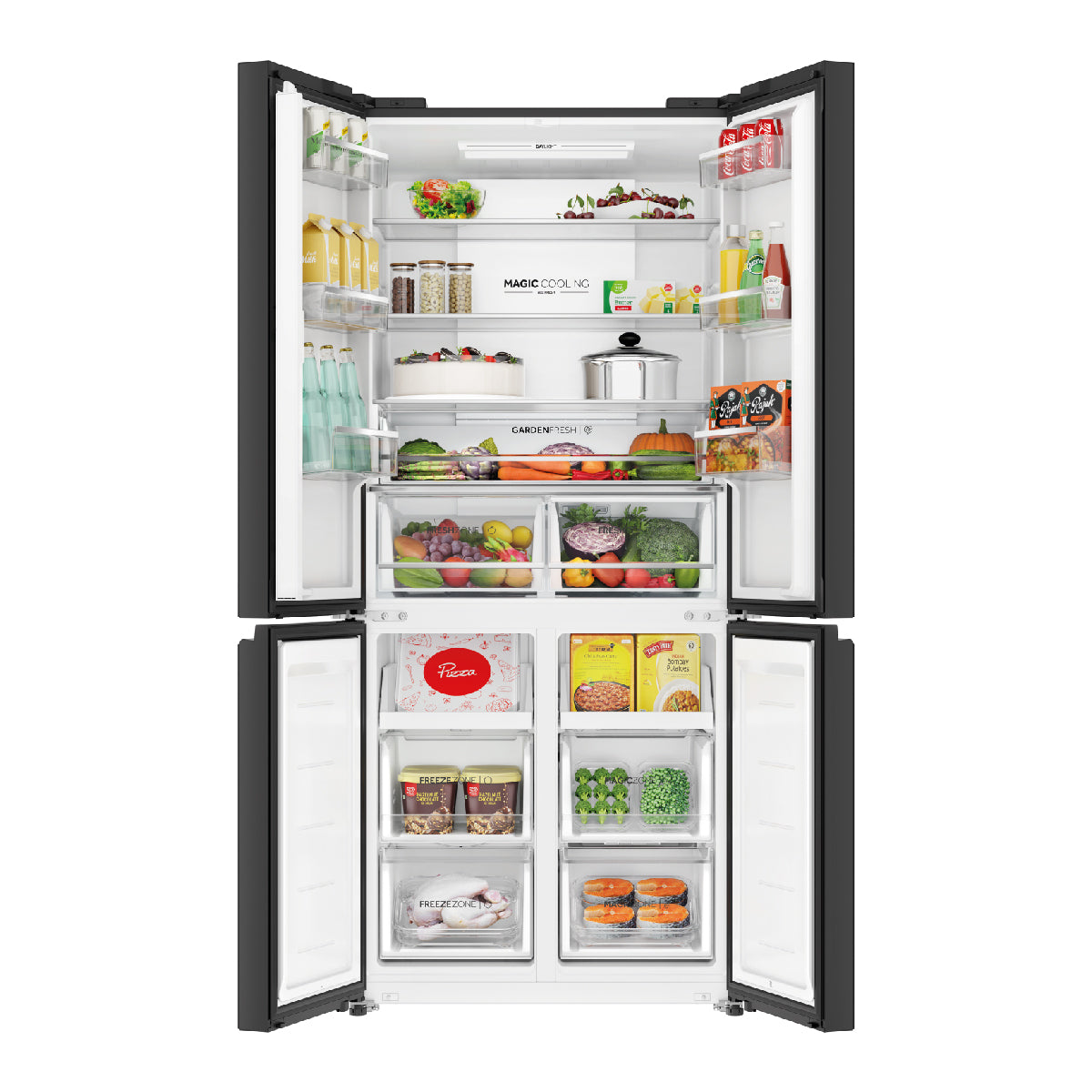 Interior view of Haier Refrigerator HRB-600RW 520L 4 Door showcasing organized food and beverages.