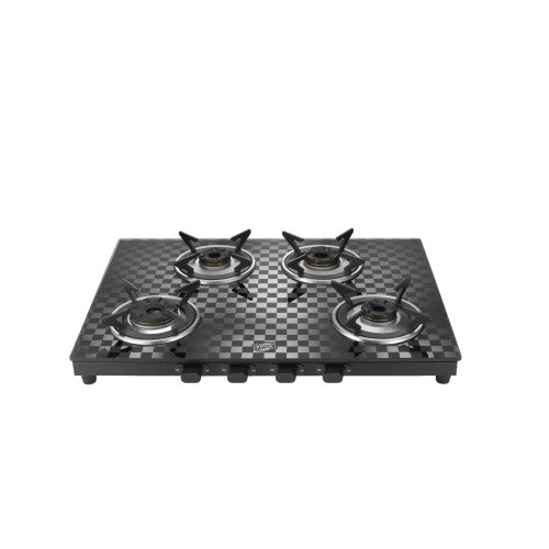 Jyoti 427 Sleek Maze 3D | 4 burner Gas Stove | Toughened Glass Cooktop | Gas Saving 3D Tornado Brass Burners with SS Frame Base (427 Maze 3D)