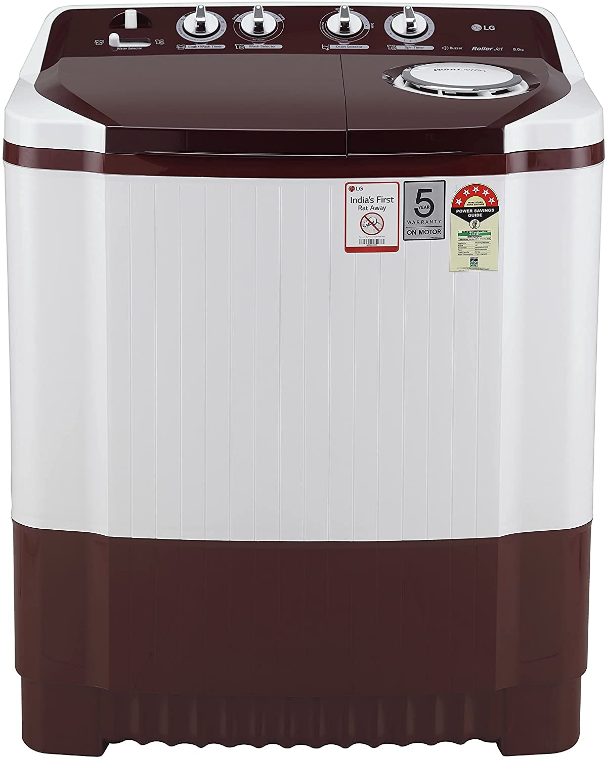LG 8 kg 5 Star with Roller Jet Pulsator with Soak- Wind Jet Dry and Rat Away- 6 Kg (Spin Tub Capacity) Semi Automatic Top Load Washing Machine Maroon- White  (P8035SRAZ)