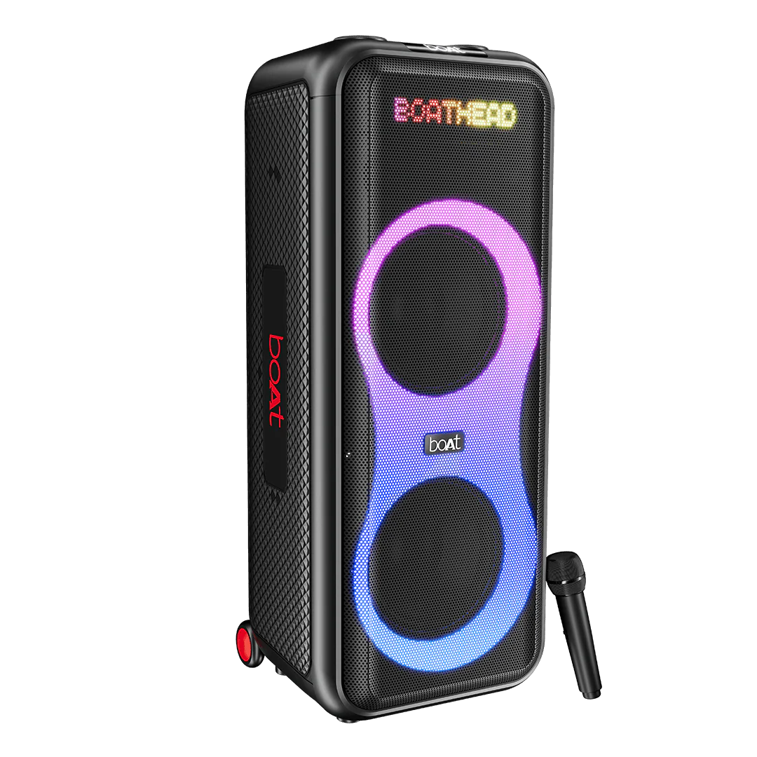 boAt New Launch PartyPal 600 Party Speaker- 220W Signature Sound- Dynamic Pixels- Animated Text Display- App Support- UHF Wireless Microphone- Colorful LEDs-7hrs Battery & Guitar Input(Premium Black)
