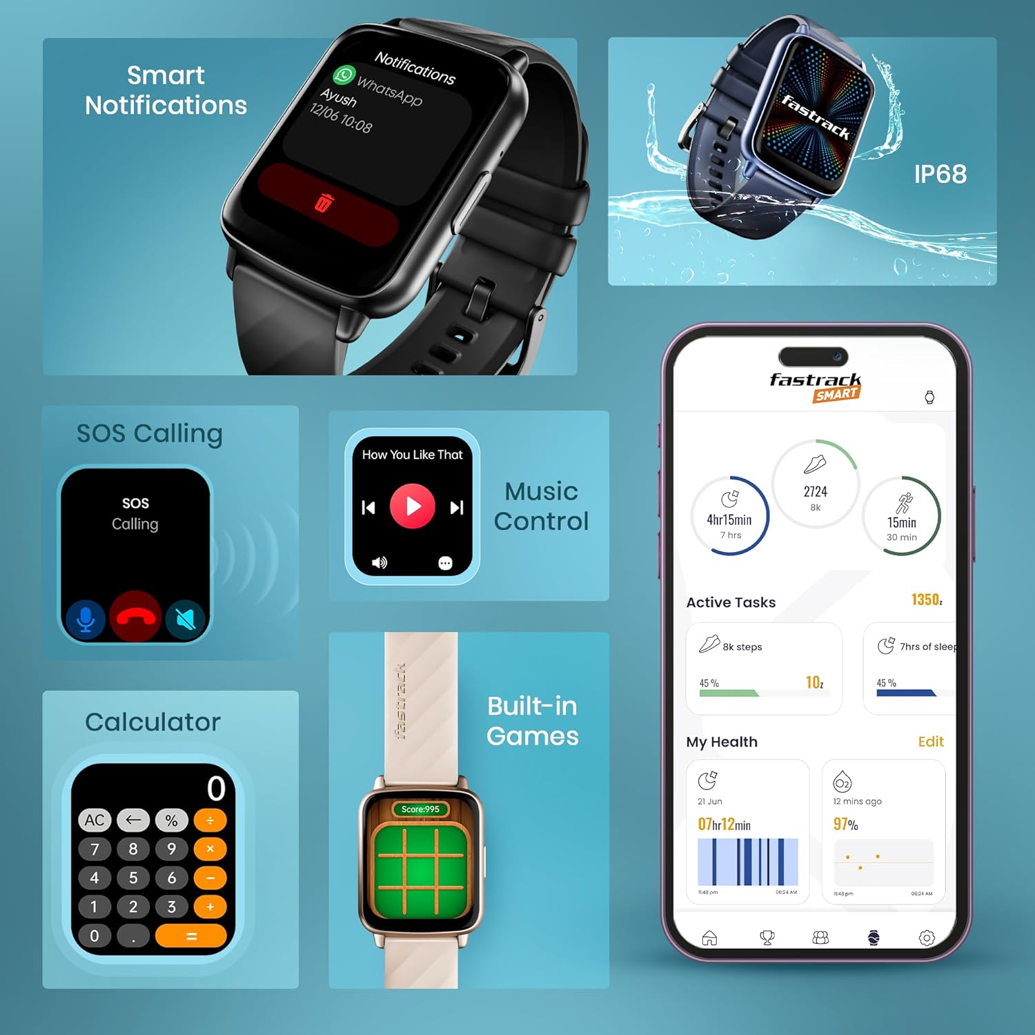 Fastrack Volt S1 Smart Watch for Man and Women Latest with 1.83" Display, Silicone Strap, BT Calling, 100+ Sports Modes, Heart Rate, SpO2, IP68, Ideal Smartwatch for Boys and Girls