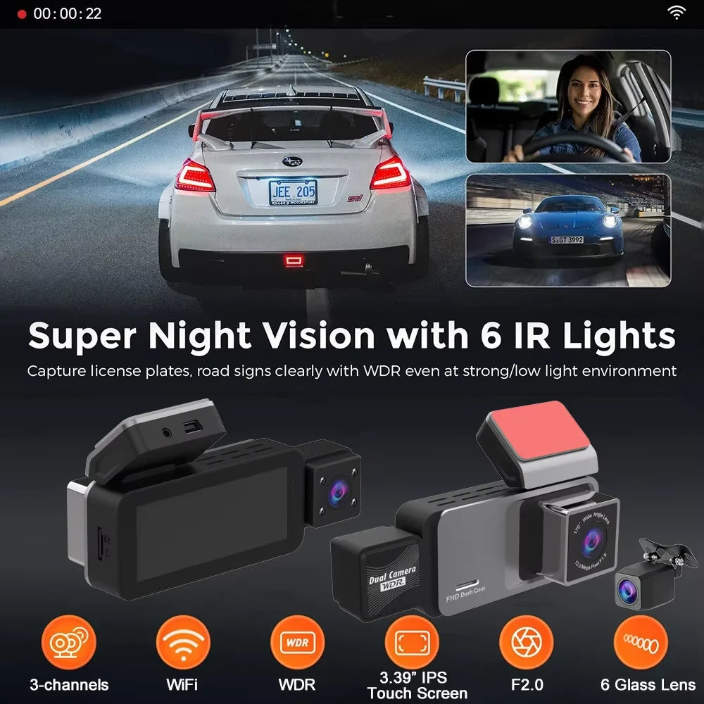 ES80 3 Lens WiFi Dash Cam 