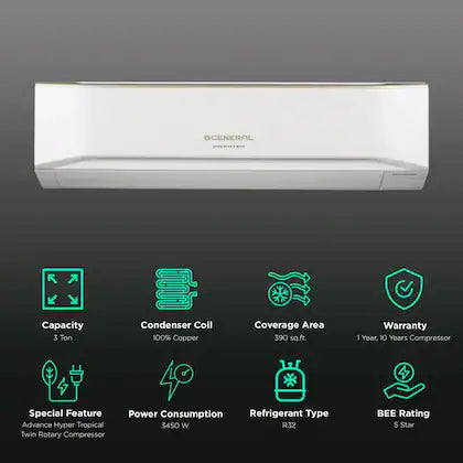 O'General 3 Ton 5 Star Inverter Split AC  ASGG36CETA (Coanda Airflow  PM 2.5 Filter 6 Speed Fan Control  Blue Fin Condenser  100 Percent Copper)