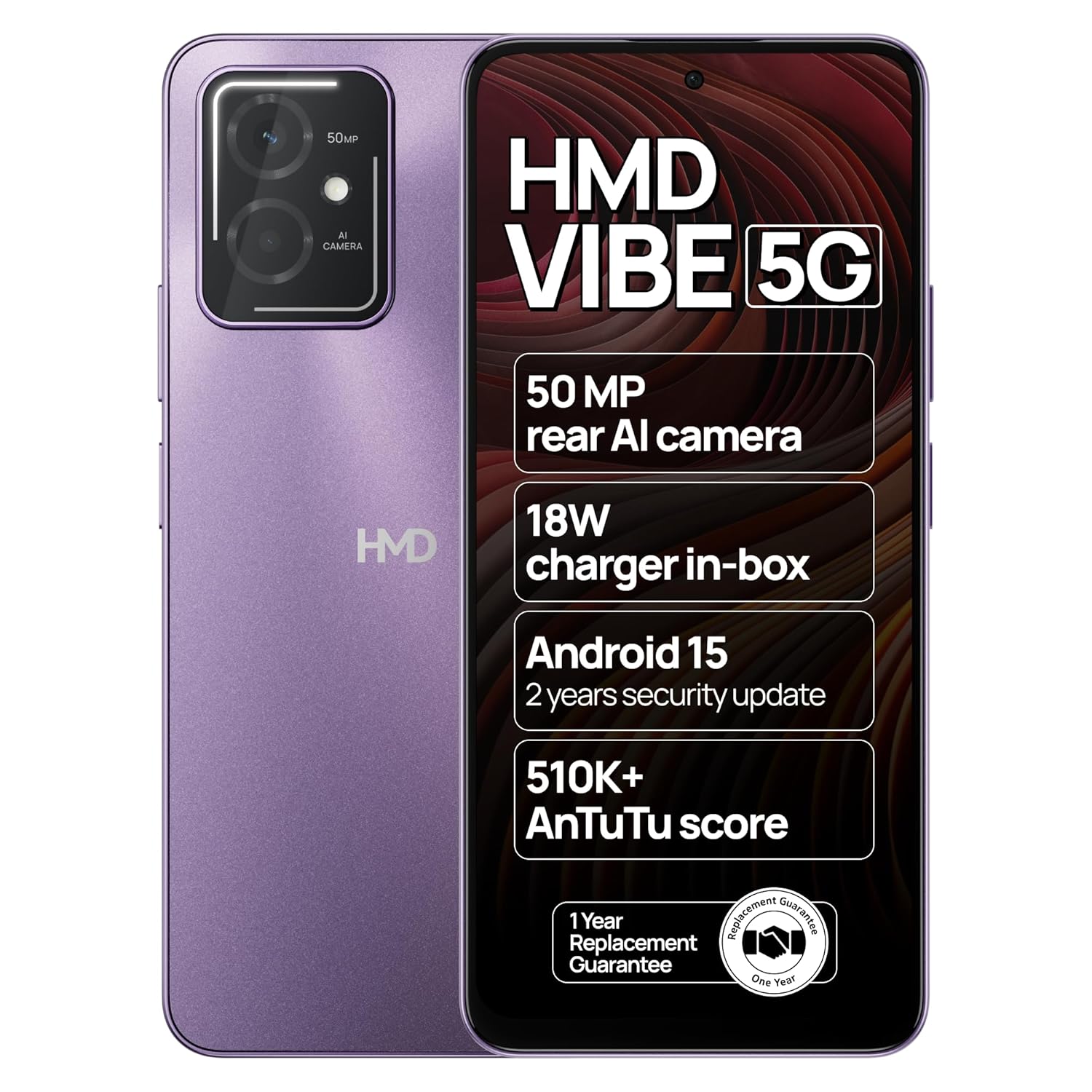 HMD Vibe 5G — Android 15 | 50 MP Dual Rear AI Camera | Rear Notification LED | 510K+ AnTuTu | 18W Fast Charging