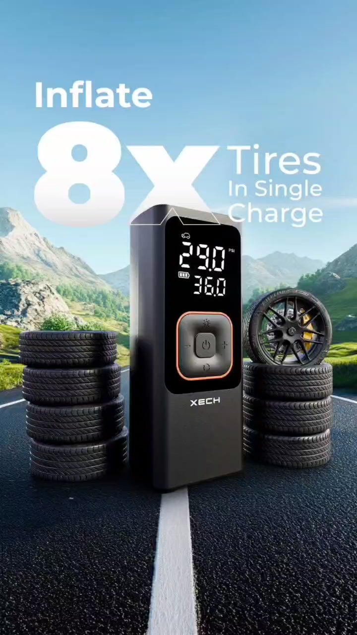 XECH Cordless Tyre inflator, for Cars & Bikes, Upto 150 PSI, Cordless, Emergency LED Flash Light, Digital Display, Multiple Nozzles Attachments (Inflate XL)