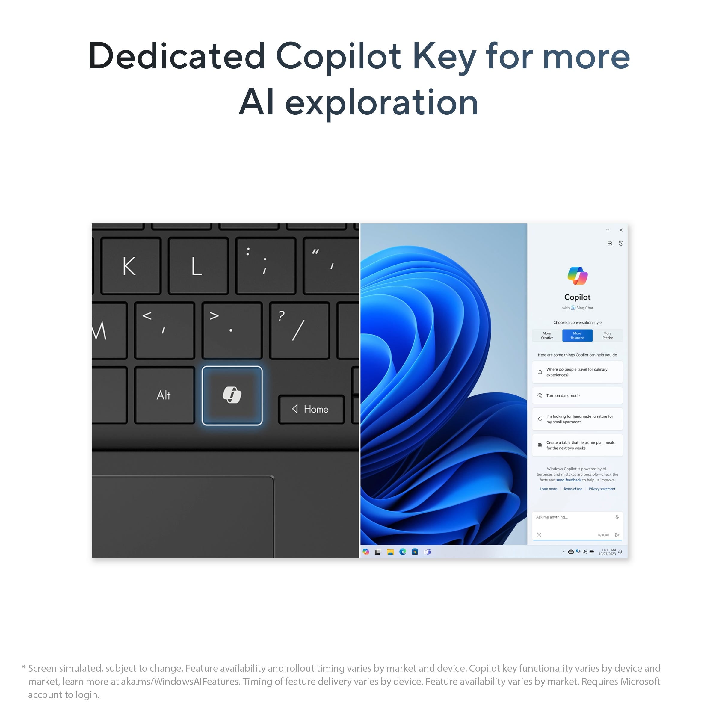 ASUS Gaming Laptop Copilot key close-up with Windows 11 Copilot AI screen on gaming laptop display