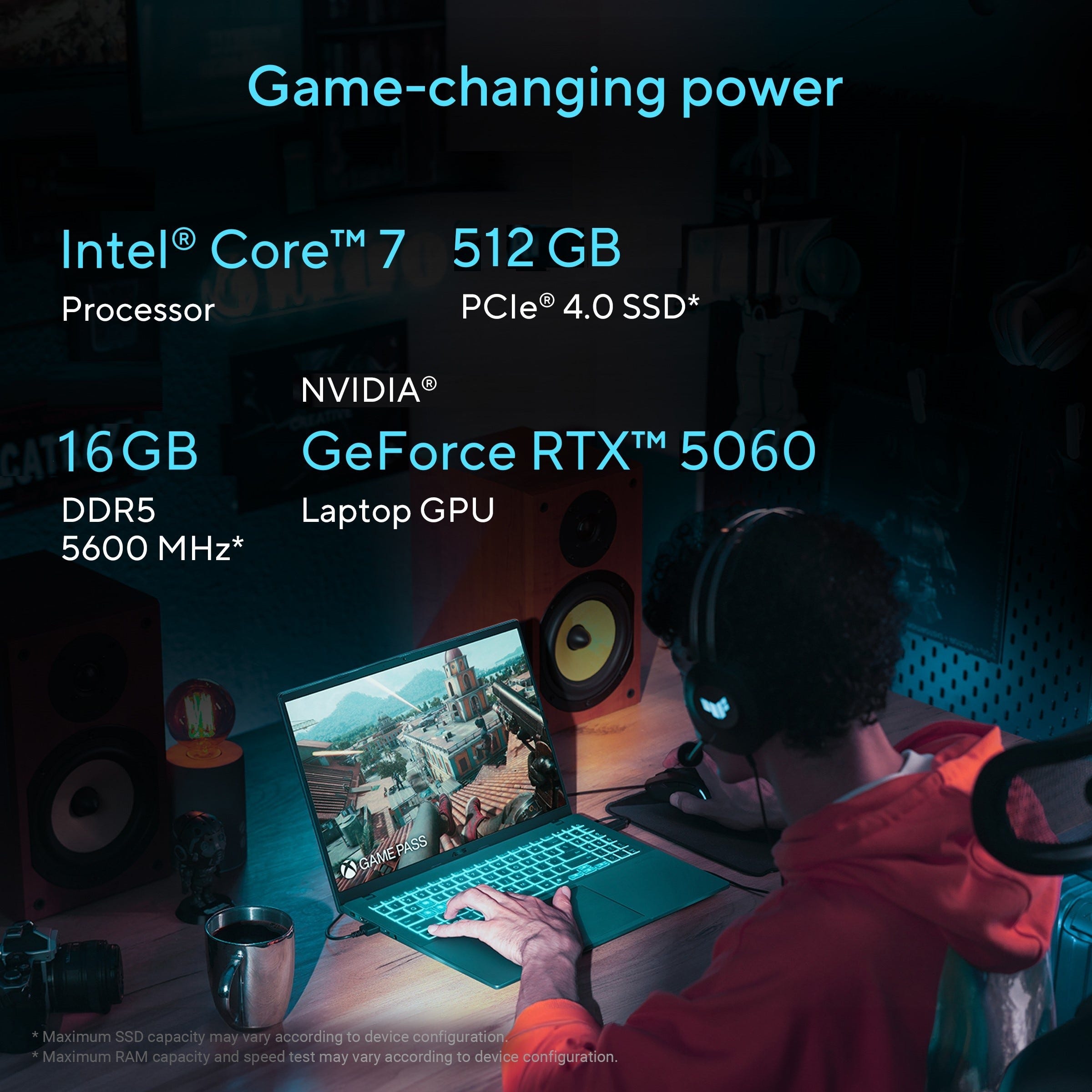 Alt Tag: ASUS Gaming Laptop V16 specs graphic with Intel Core 7, 16GB DDR5, 512GB PCIe 4.0 SSD, and GeForce RTX 5060