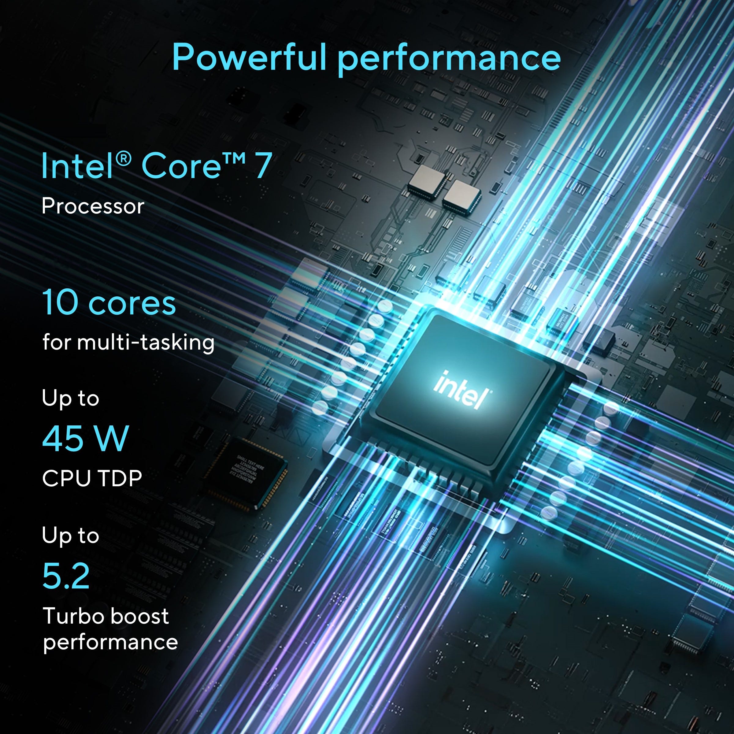 ASUS Gaming Laptop with Intel Core 7 processor, powerful performance graphic showing 10 cores, up to 45W CPU TDP, 5.2 turbo boost