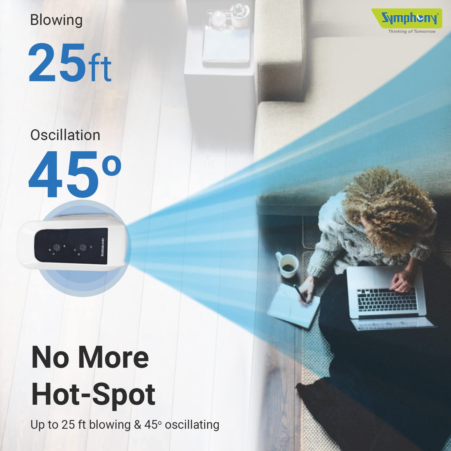 Symphony Surround High Speed Bladeless Technology Tower Fan for Home With Swivel Action- Dust Filter- and Low Power Consumption (White)