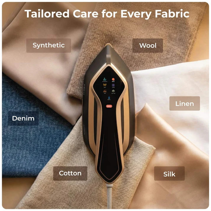 XECH Imperia Garment Steamer on fabrics including denim, cotton, wool, silk, and synthetic with tailored care.