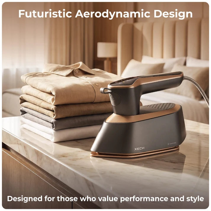 XECH Imperia Garment Steamer displayed next to neatly stacked clothes on a wooden table.